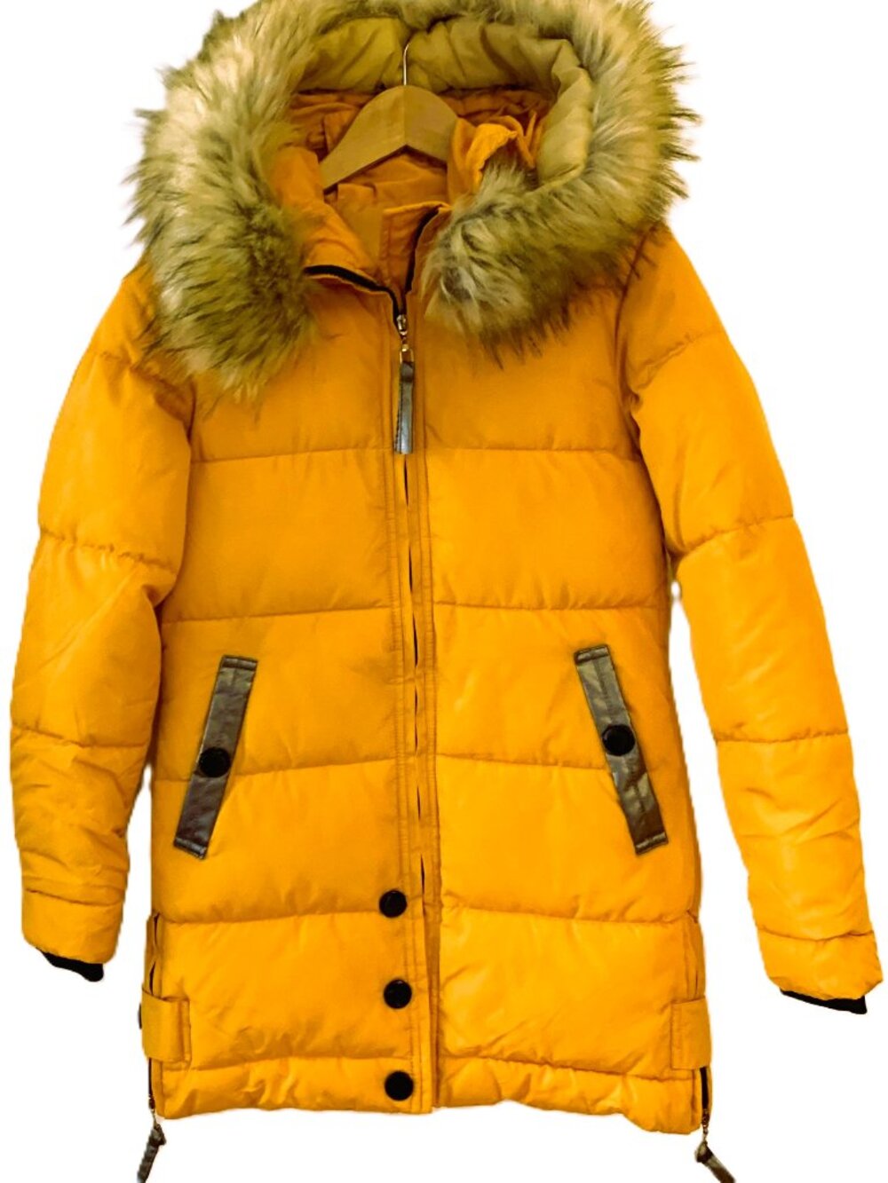 Bright Golden Yellow Puffer Jacket with Faux Fur Hood | Women's XS/S